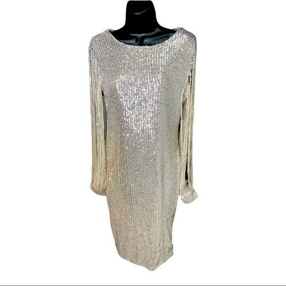 Stunning gold sequin mini dress with shredded long sleeves NWOT