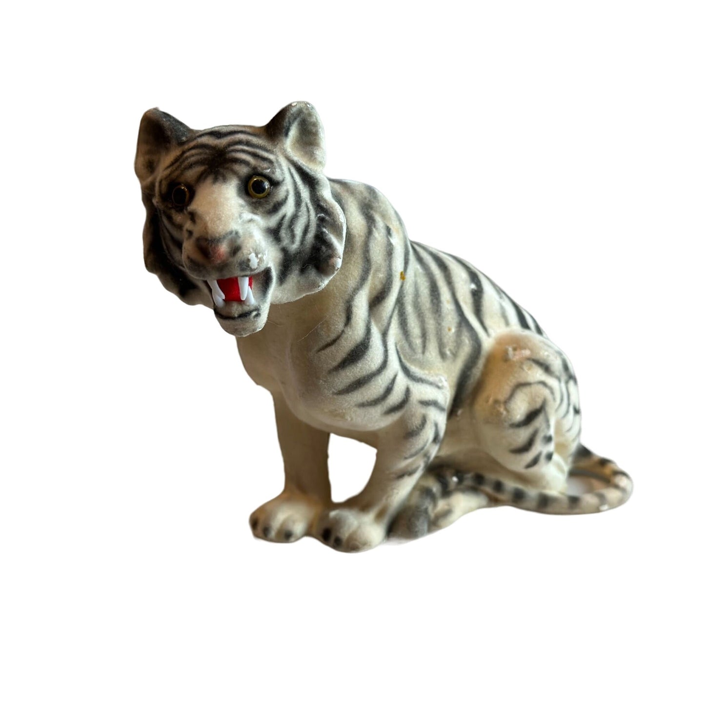 Vintage Flocked White Tiger Figurine Open Mouth Big Cat Rare Collectible