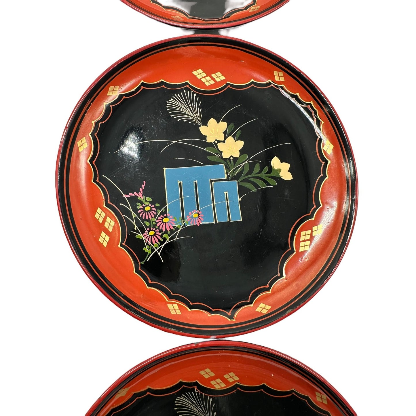 Antique Japanese Black Lacquer Small Plate Set of 6 Collectible Rare find 6.5"