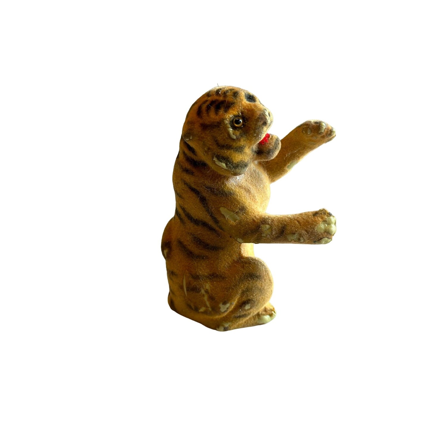 Vintage Flocked Sitting Tiger Figurine Rare Collectible 1.5" x 4" Tall