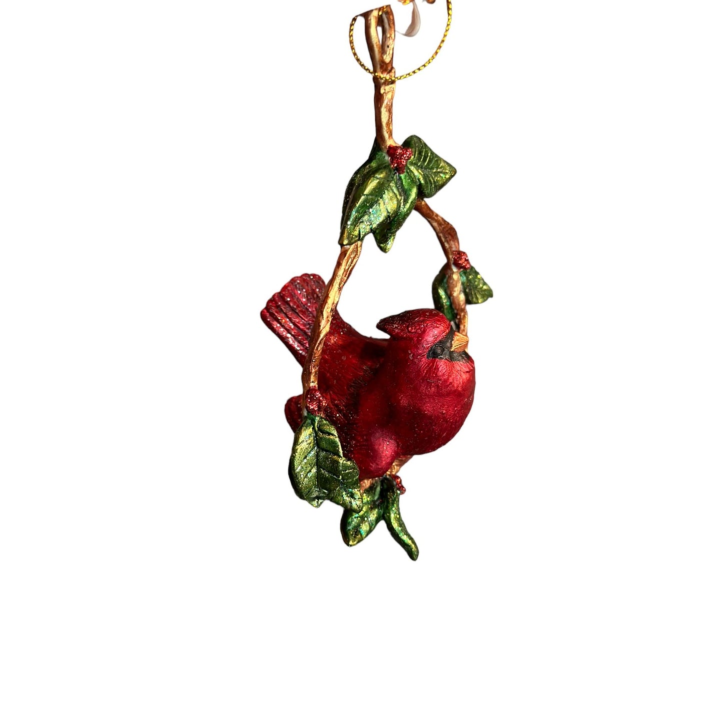 *Vintage Faux Swing of Twine & Leaves Cardinal Bird Perched Christmas Ornament