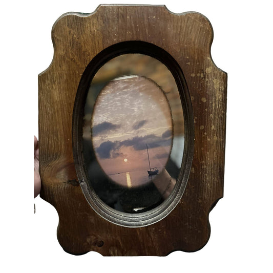 Vintage Solid Wood Photo Frame with Silvered Glass Oval Collectible