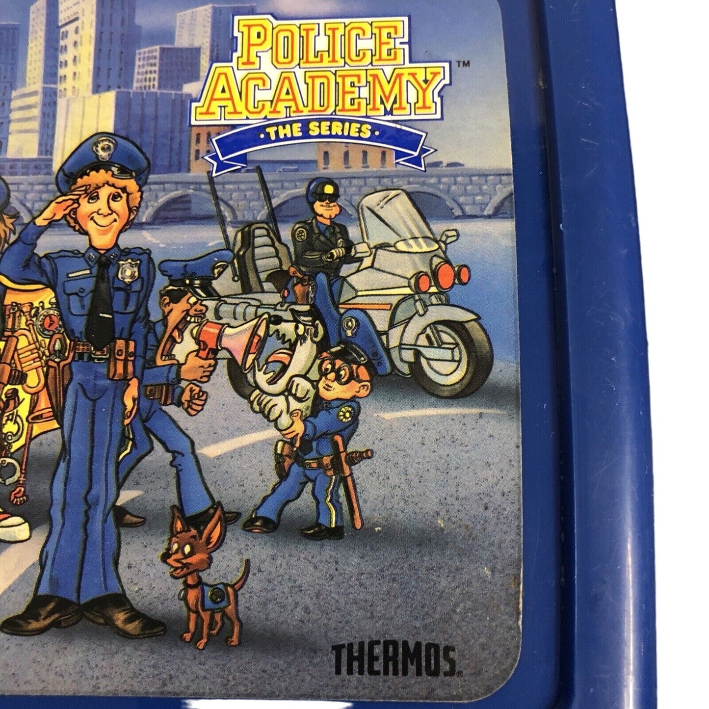 Vintage Thermos Retro 1988 Police Academy Cartoon Lunchbox Blue 8" x 7" x 4"