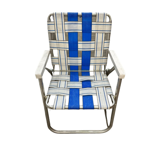 Vintage Retro Webbed Aluminum Frame Folding Lawn Patio Chair Blue White