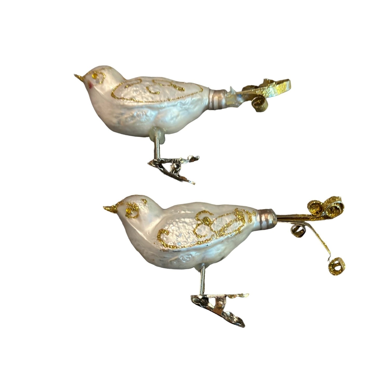 Vintage Christmas Clip On Bird Tree Ornament 5" White & Gold Glitter Set of 2