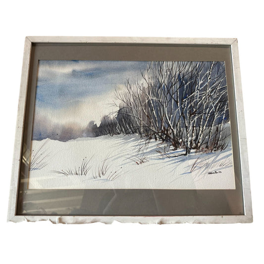 *Kathleen Parr '73 Wooden Wall Frame Winter Landscape Snow Scene Watercolor Painting Original Signed