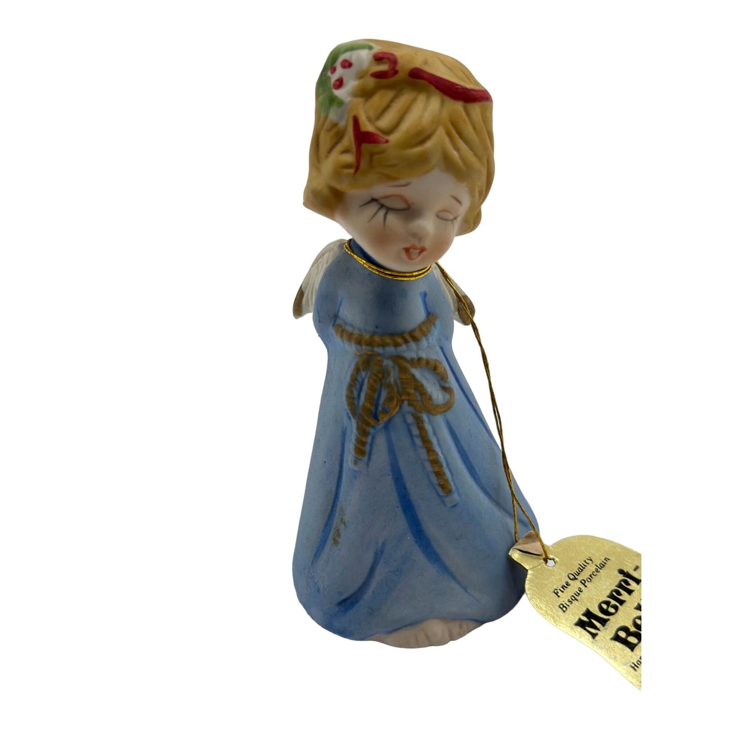 Vintage Jasco Bashful Belle Angel Girl in Blue Figurine Bisque Porcelain Bell