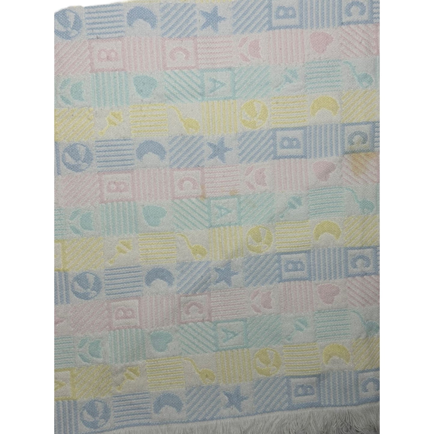 Vintage Baby Blanket Fringe Pastel Blocks Moon Star ABC Alphabet 35"x3'3"