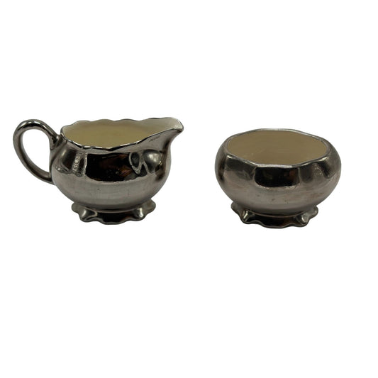 Vintage Grays Pottery Pewter Silver Tone Hand Painted Creamer Sugar Set Hanley England