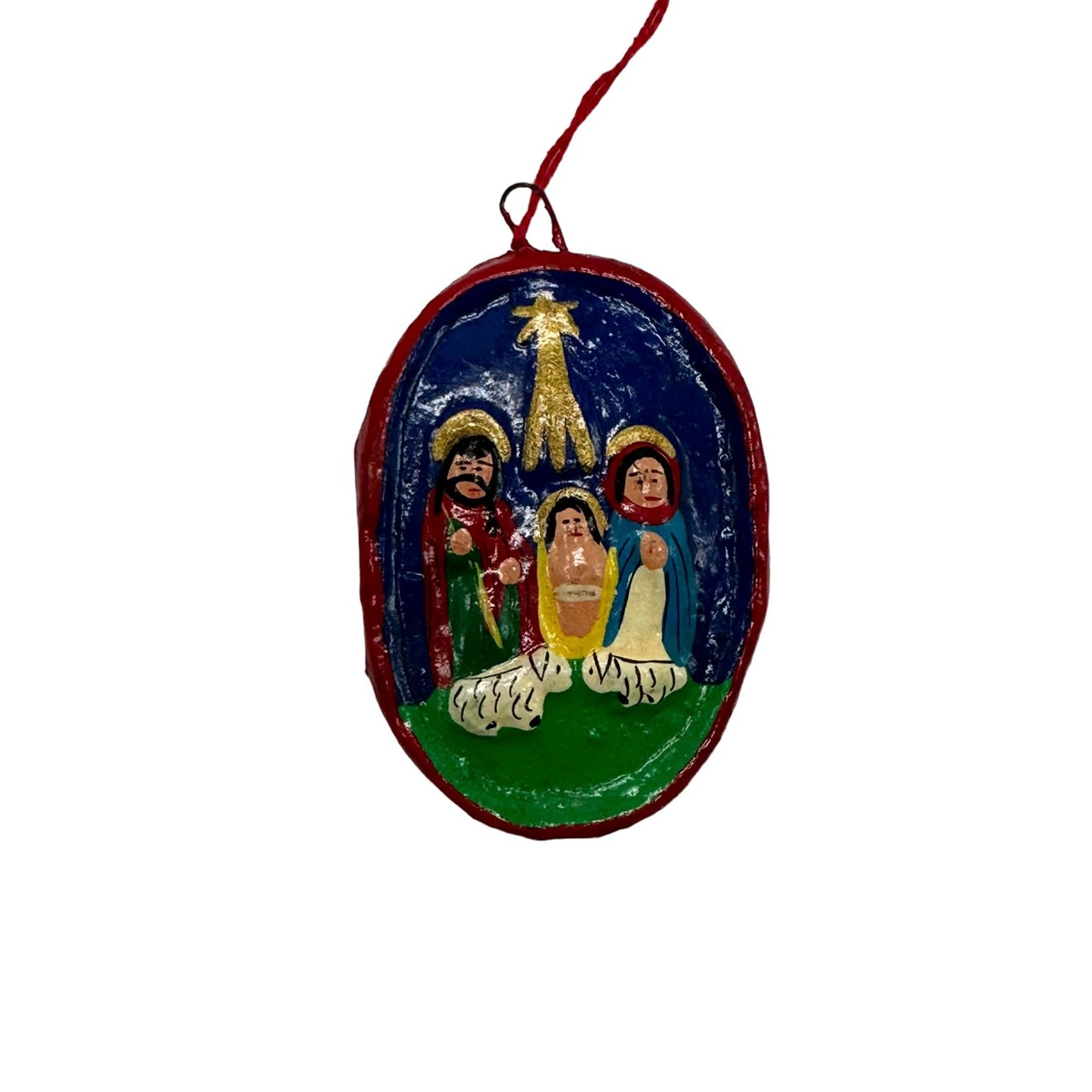 Vintage Nativity Scene Diorama Christmas Ornament Oval Blue Red Collectible