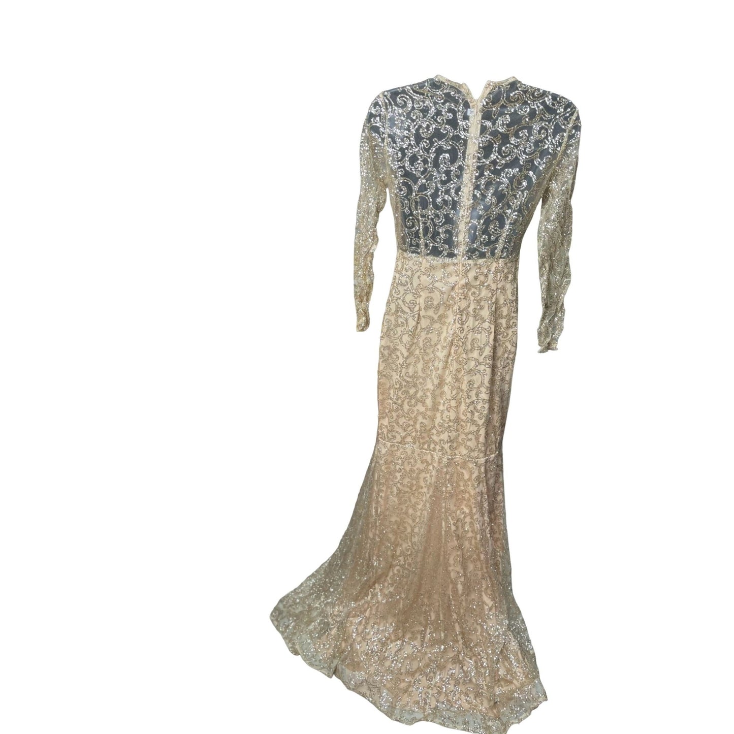 Womens Gold Sequins Mermaid Long Sleeve Formal/ Prom/Beauty Pageant Dress Nude