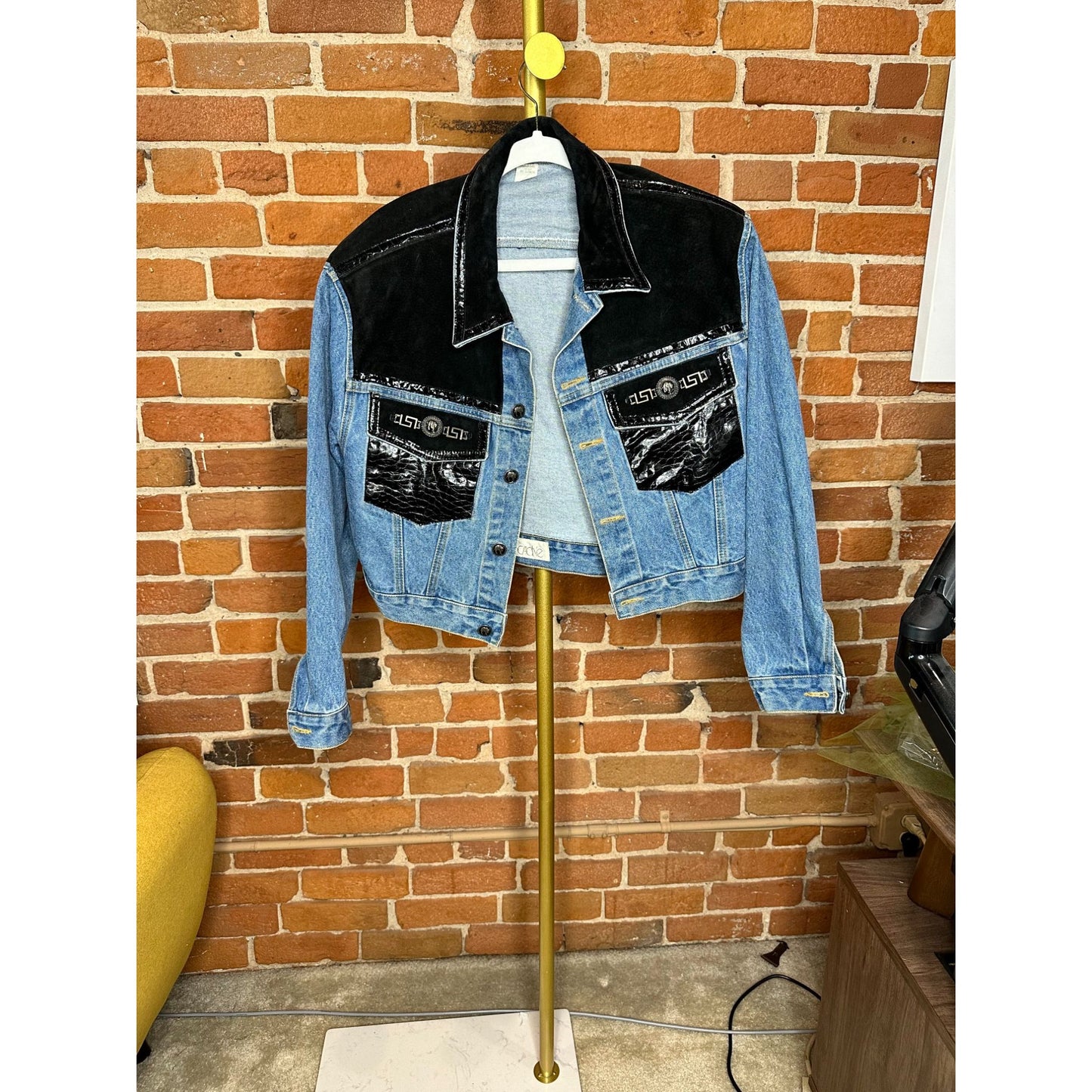 Vintage 90s Caché Women's Jean Cropped Denim Jacket with Black Leather Rare M