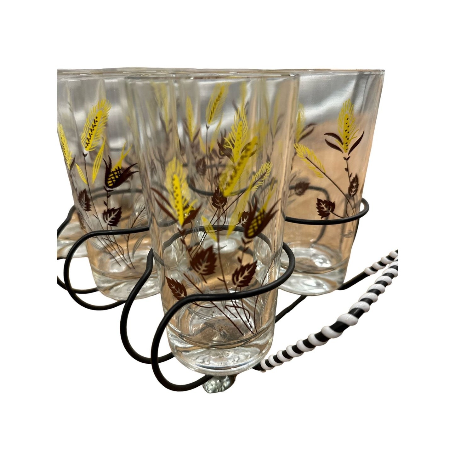 Vintage Mid Century 8 Pc. Gold Rimmed Bar Cocktail Glasses Set + Brass Carrier