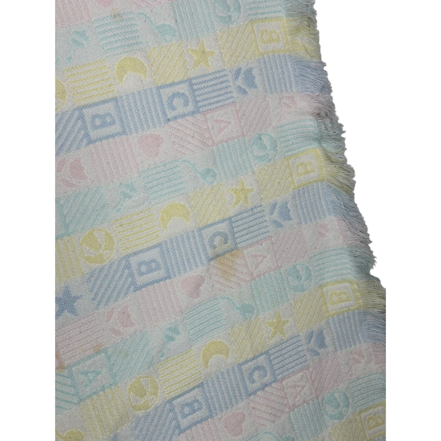 Vintage Baby Blanket Fringe Pastel Blocks Moon Star ABC Alphabet 35"x3'3"