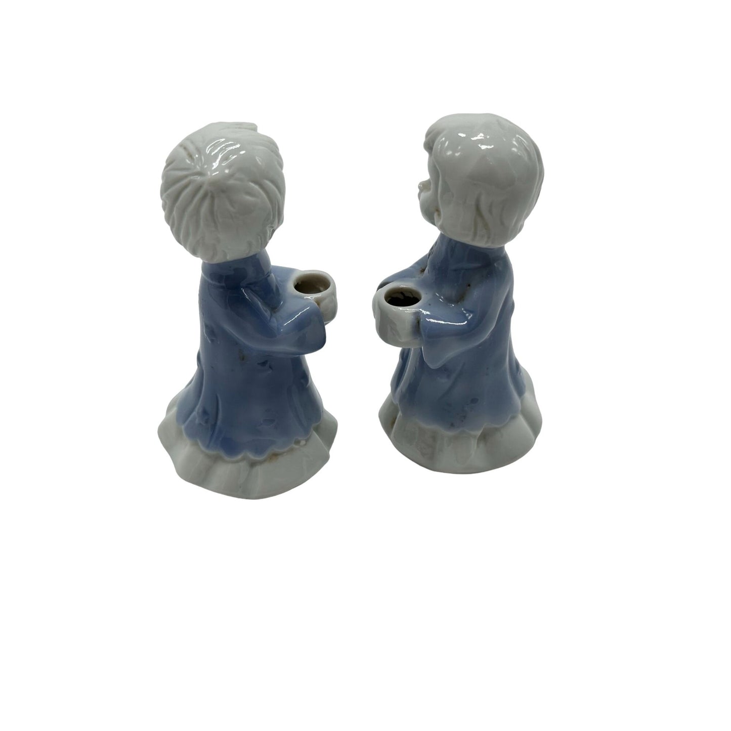 Vintage Blue & White Porcelain Choir Boy & Girl Candle Stick Holders 1980 4"x2"