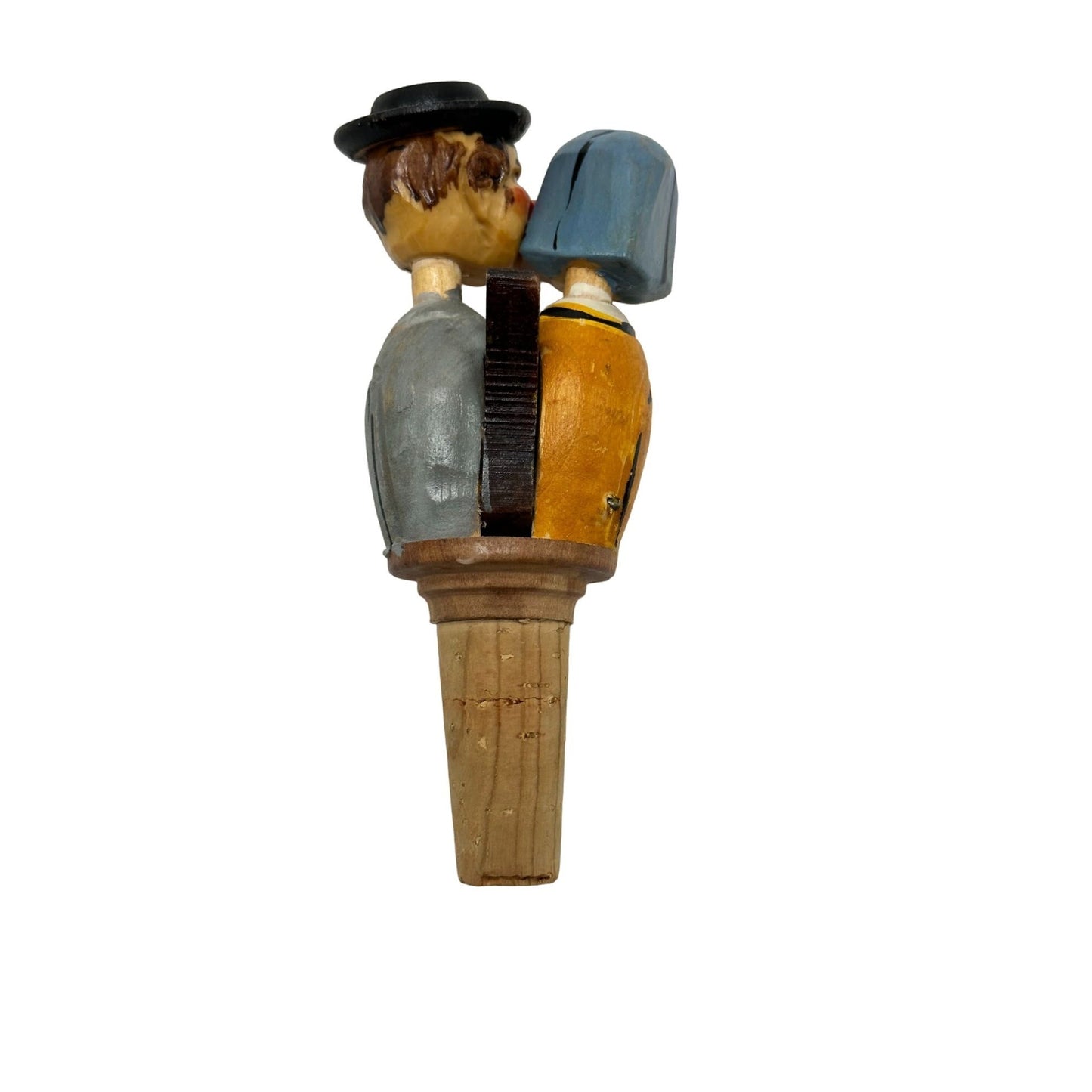 German Bottle Stopper Mechanical Kissing Couple Hand Carved Painted Wood