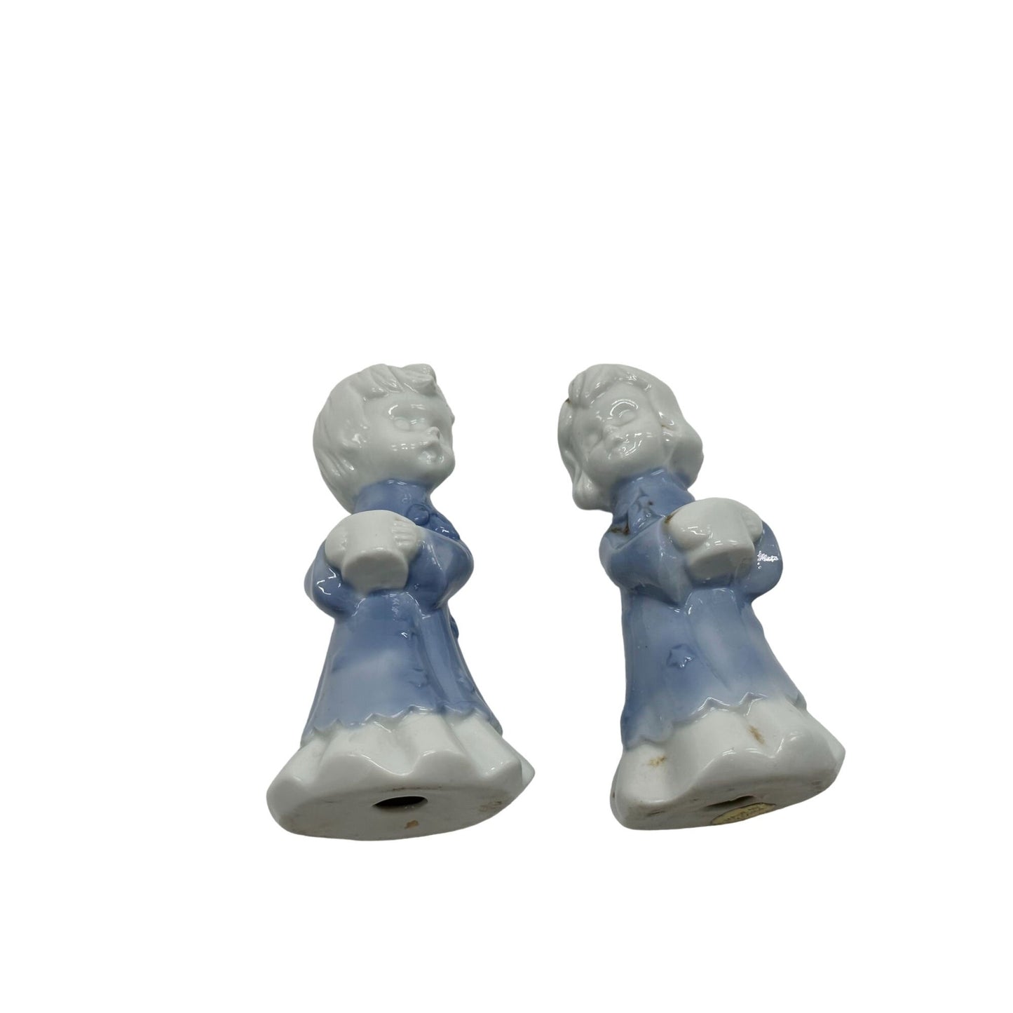 Vintage Blue & White Porcelain Choir Boy & Girl Candle Stick Holders 1980 4"x2"