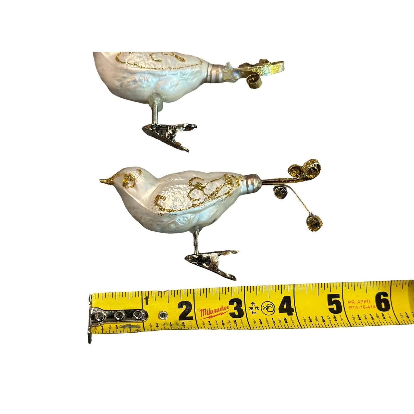 Vintage Christmas Clip On Bird Tree Ornament 5" White & Gold Glitter Set of 2