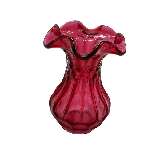 Vintage Fenton Vase Country Cranberry Dot Flute Glass Ruffled Trim 2"W x 5"Tall