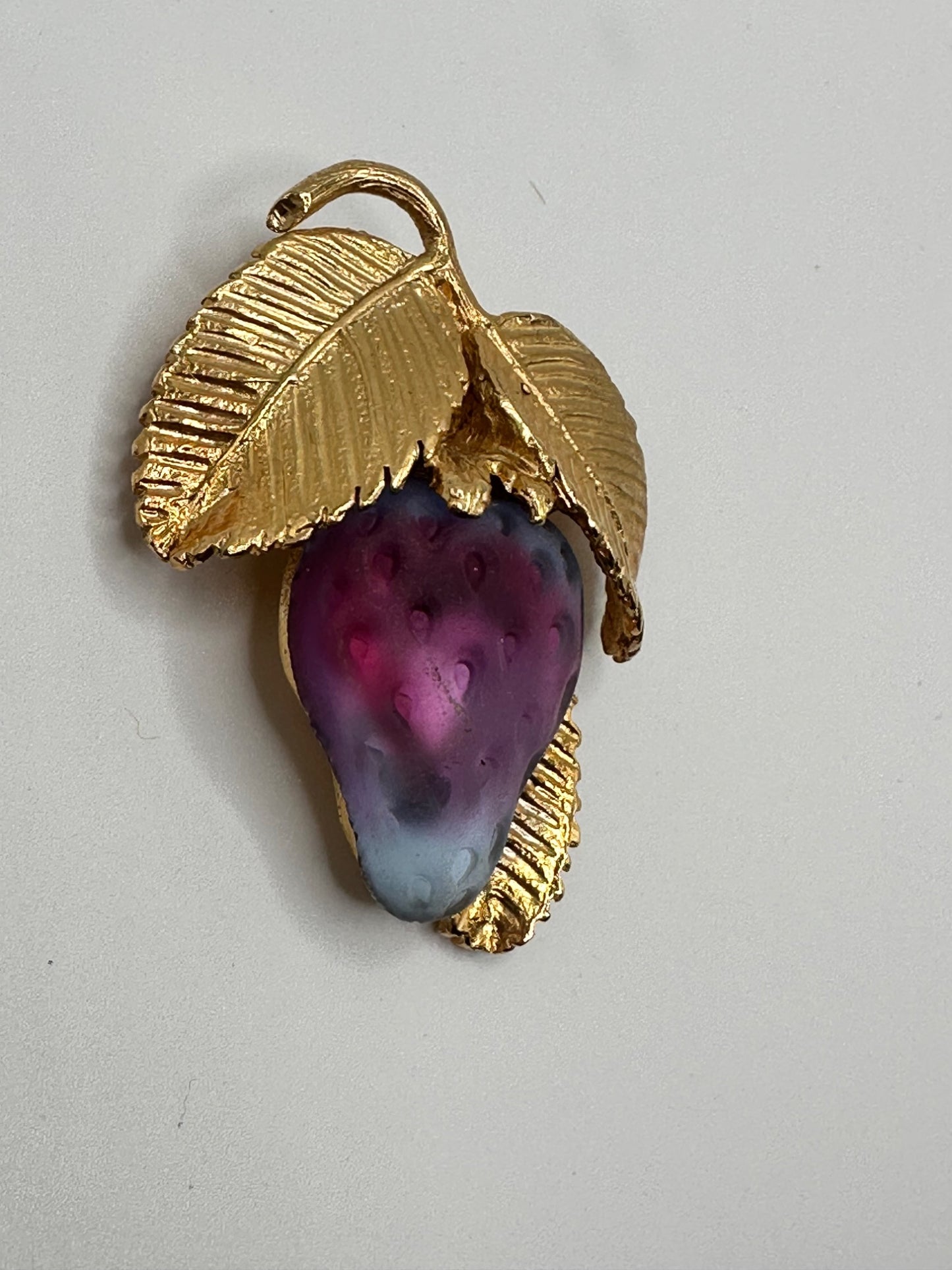 Napier Gold Plate Finish Strawberry Fruit w Leaves Brooch Purple Blue Matte