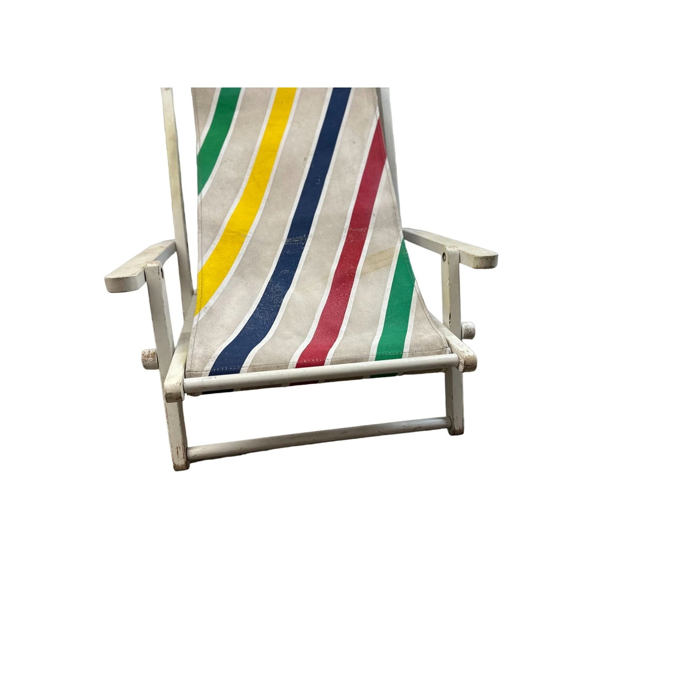 Vintage Wood Striped Fabric Adjustable Sun Lounger Seaside Folding Deck Chair