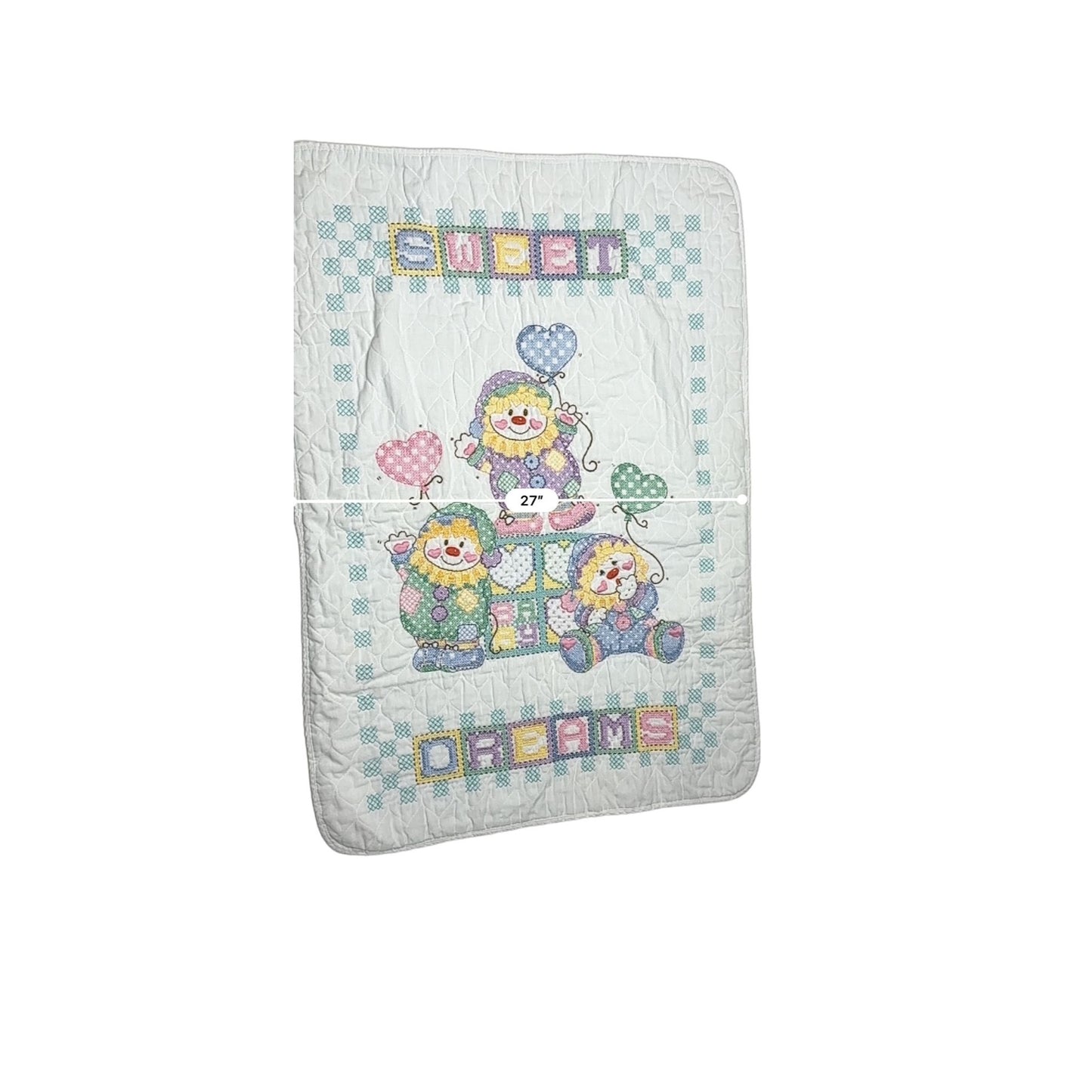 Handmade Baby Blanket Embroidered Clowns Sweet Dreams Cross Stitch 27"x3' 2"