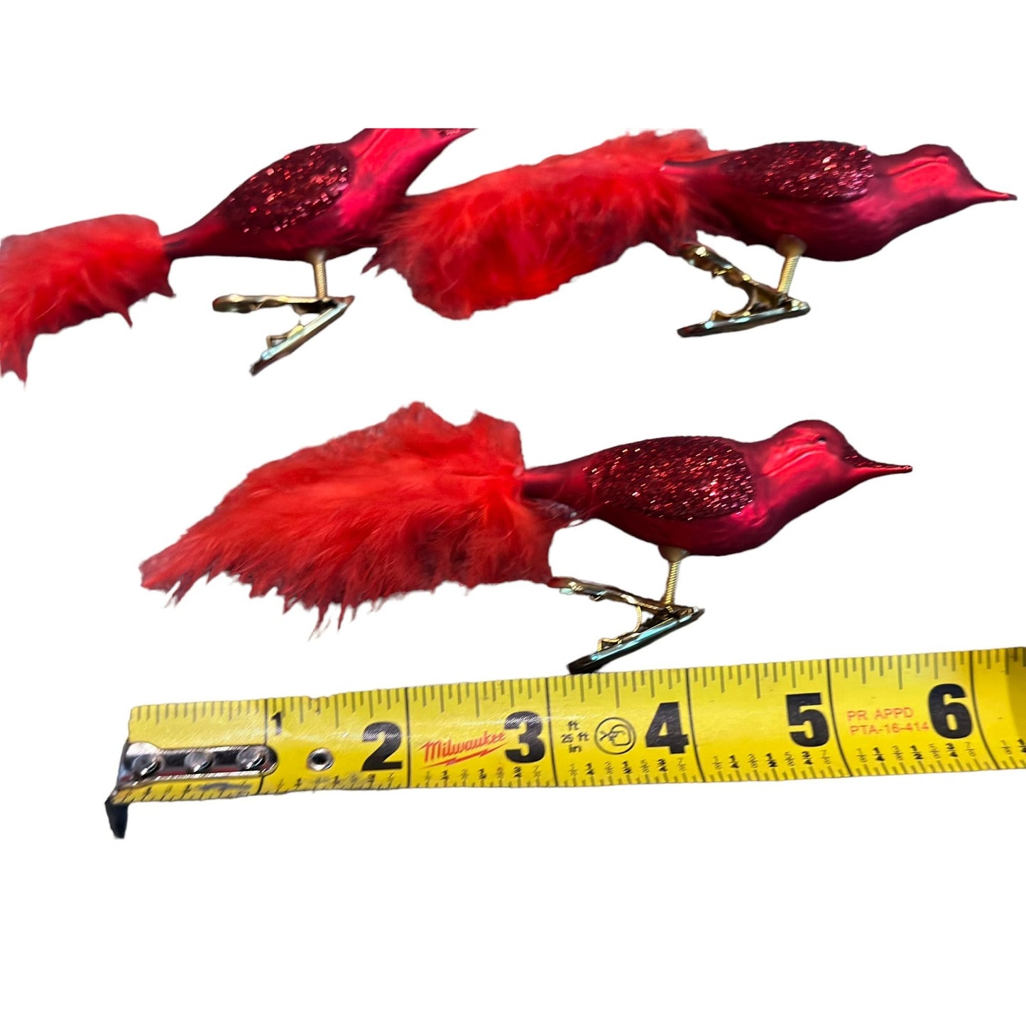 Vintage Set of 3 Shiny Red Birds with Feather Tail Clip On Ornament 6" x 2"