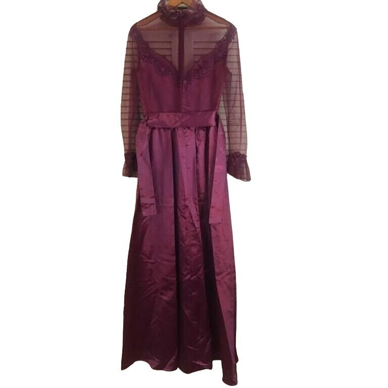 Vintage Womens Purple Silk Dress with Lace Details Neck & Sleeves Size 14