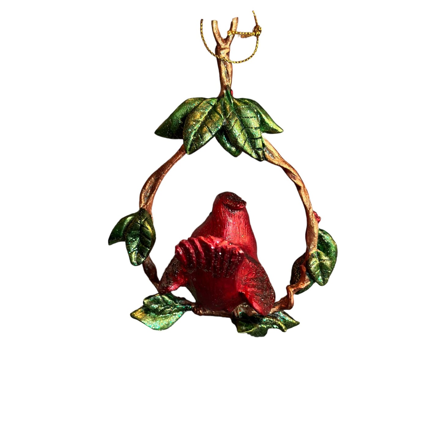 *Vintage Faux Swing of Twine & Leaves Cardinal Bird Perched Christmas Ornament