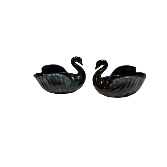 Vintage Pair Black Swan Figurine Redware Candle Holder Pottery Japan