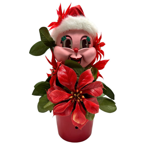 Vintage Christmas Elf Planter With Poinsettia Flowers & Santa Hat