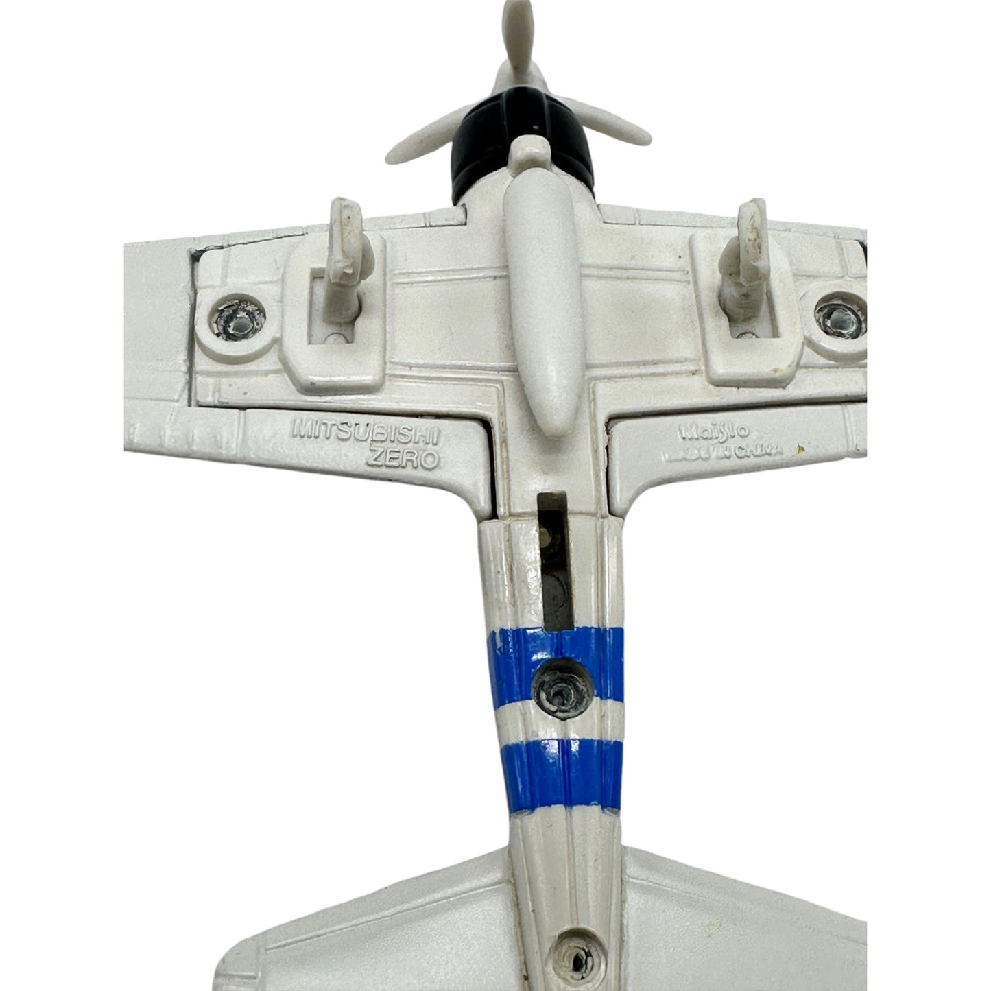 Vintage Diecast Mitsubishi Zero Model Airplane Toy White & Blue Stripes