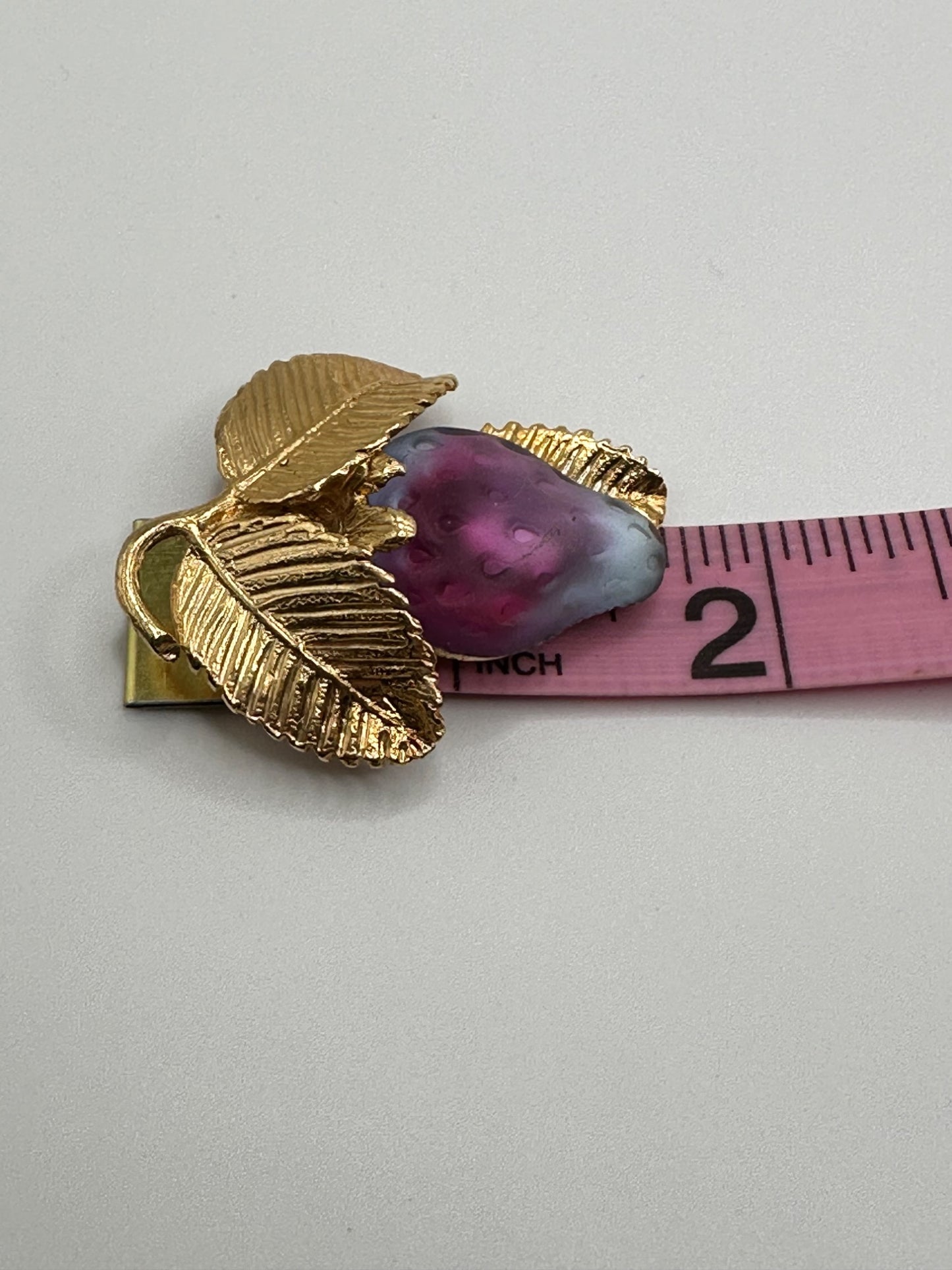 Napier Gold Plate Finish Strawberry Fruit w Leaves Brooch Purple Blue Matte