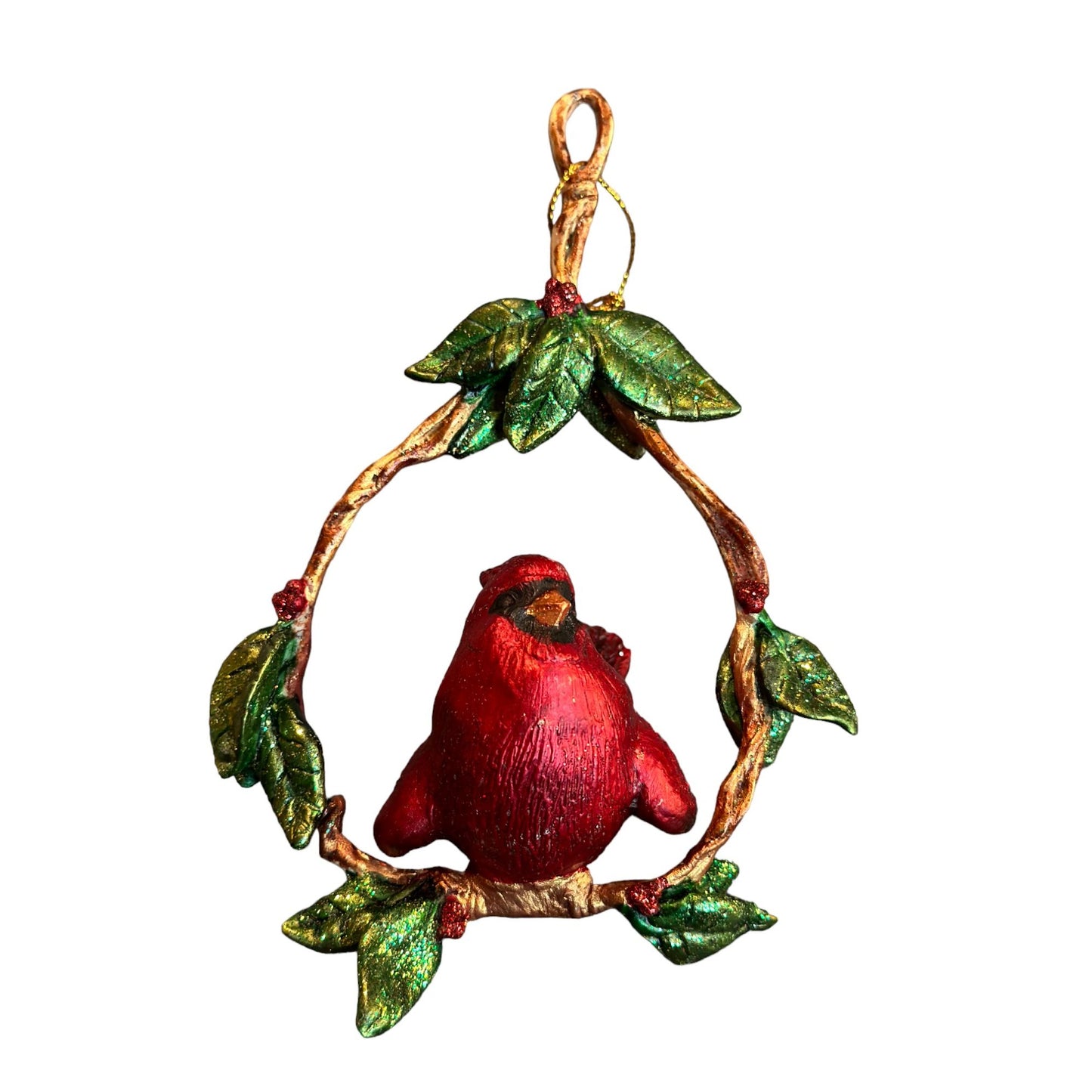 Vintage Faux Swing of Twine & Leaves Cardinal Bird Perched Christmas Ornament