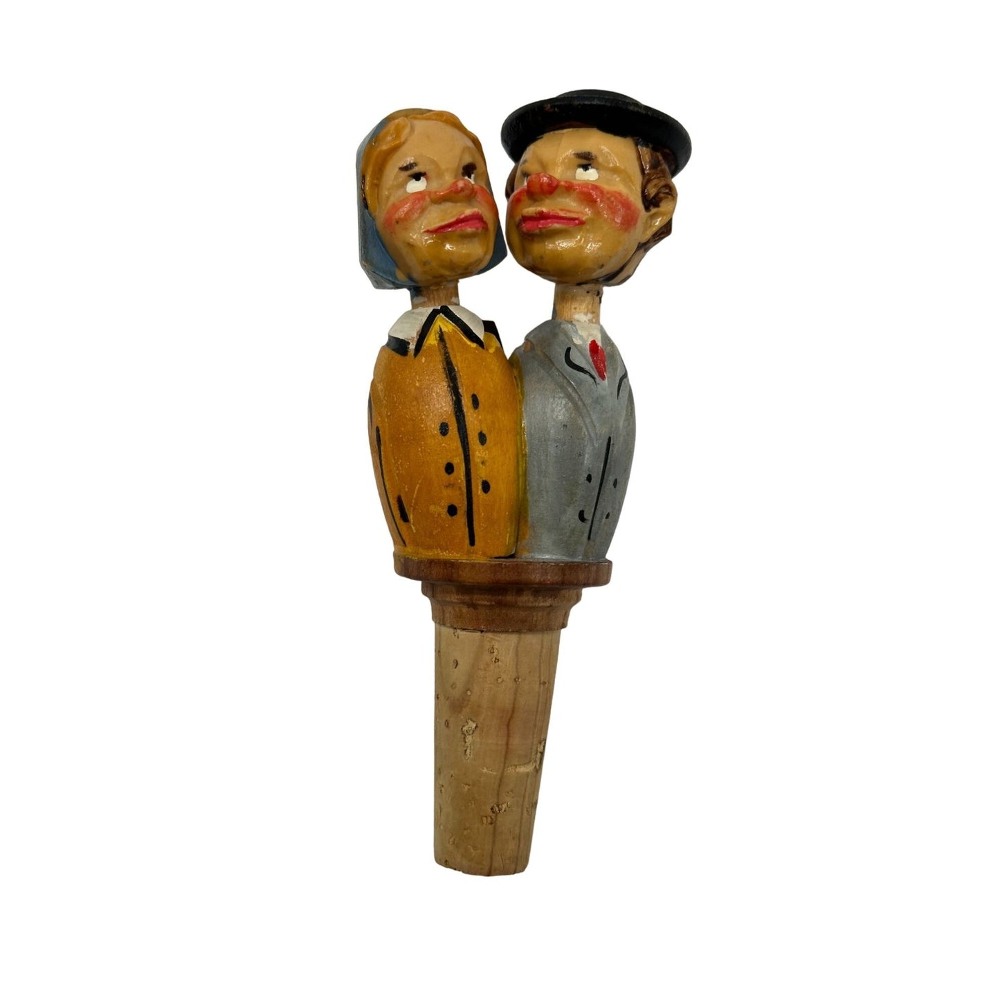 German Bottle Stopper Mechanical Kissing Couple Hand Carved Painted Wood