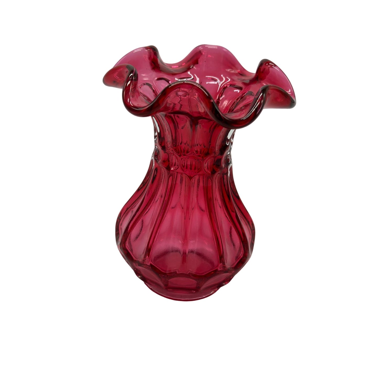 Vintage Fenton Vase Country Cranberry Dot Flute Glass Ruffled Trim 2"W x 5"Tall