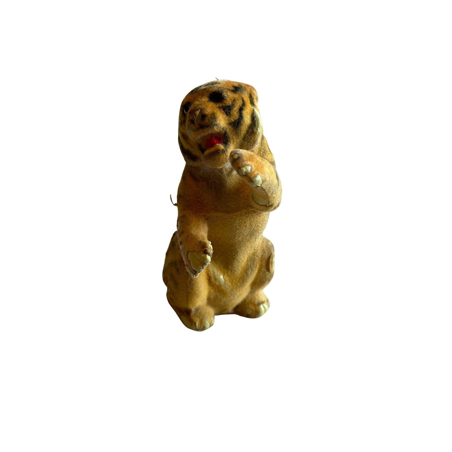 Vintage Flocked Sitting Tiger Figurine Rare Collectible 1.5" x 4" Tall