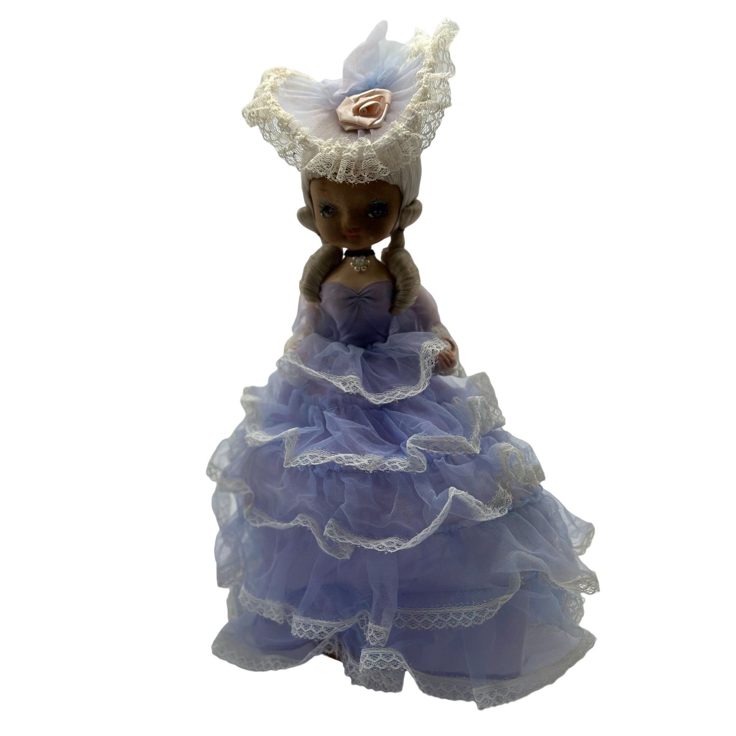 Vintage 1977 BRADLEY 13" Tall Big Eye DOLL Blue in Blue/Lilac Lace Dress CARLA