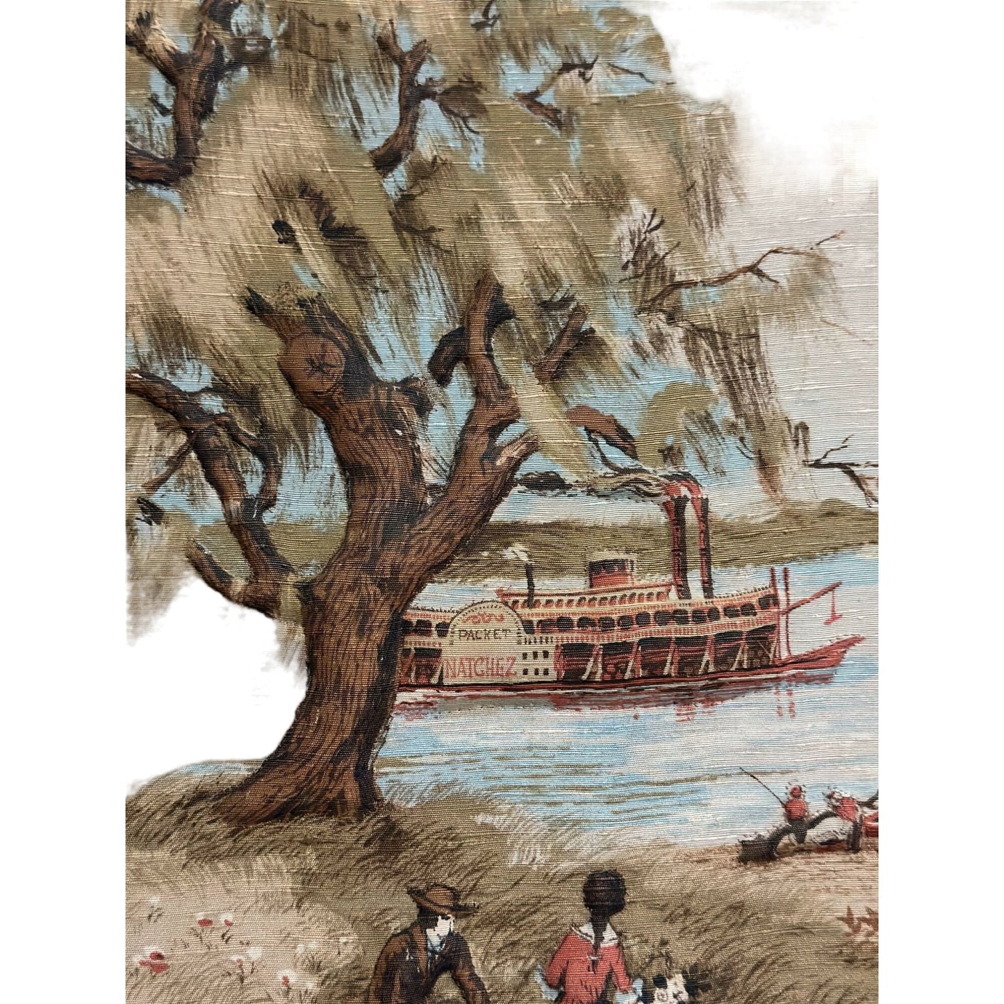 Vintage Fabric Riverboat Natchez w/ Man & Woman Picnic Maritime Scene 18" x 21.5"