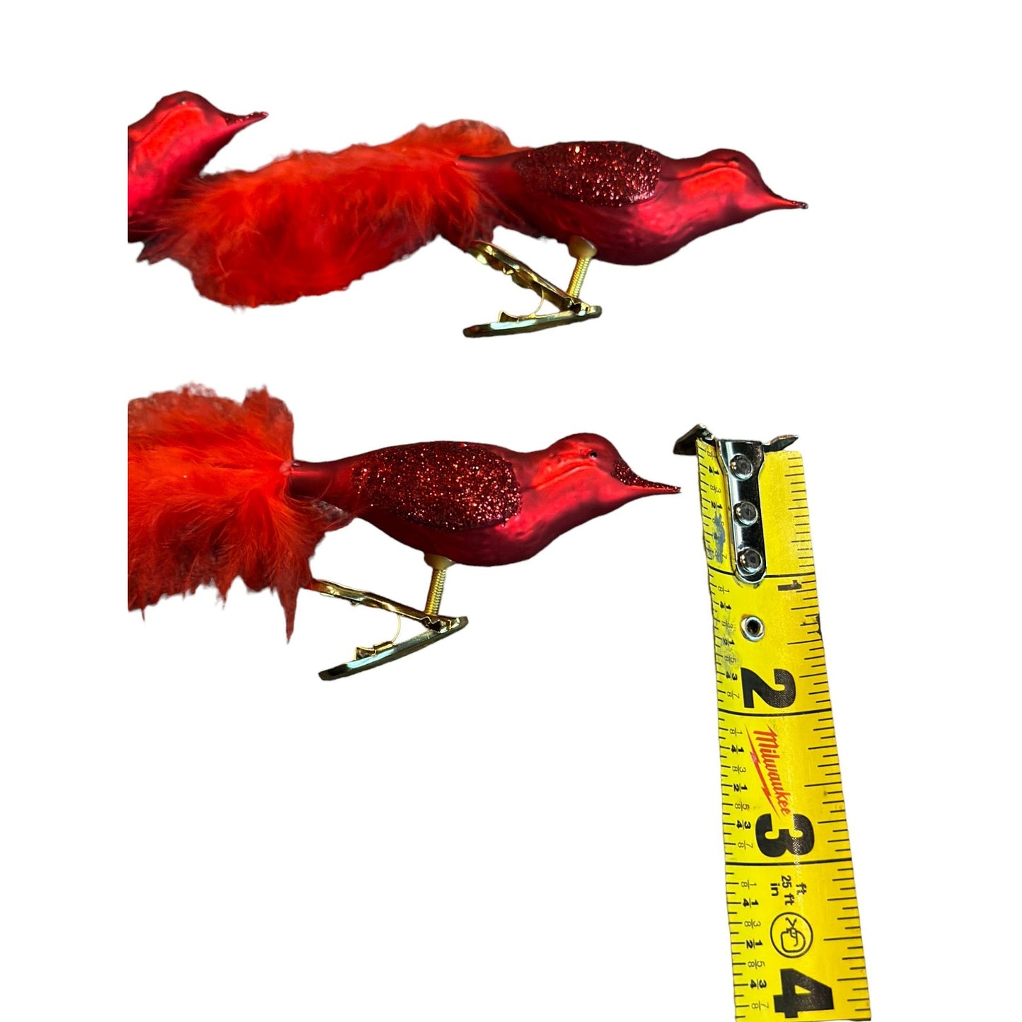 Vintage Set of 3 Shiny Red Birds with Feather Tail Clip On Ornament 6" x 2"