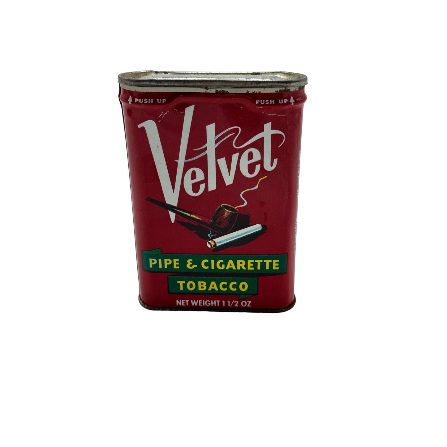 Vintage 1950's Velvet Pipe & Cigarette Tobacco Tin Can Collectible Rare find