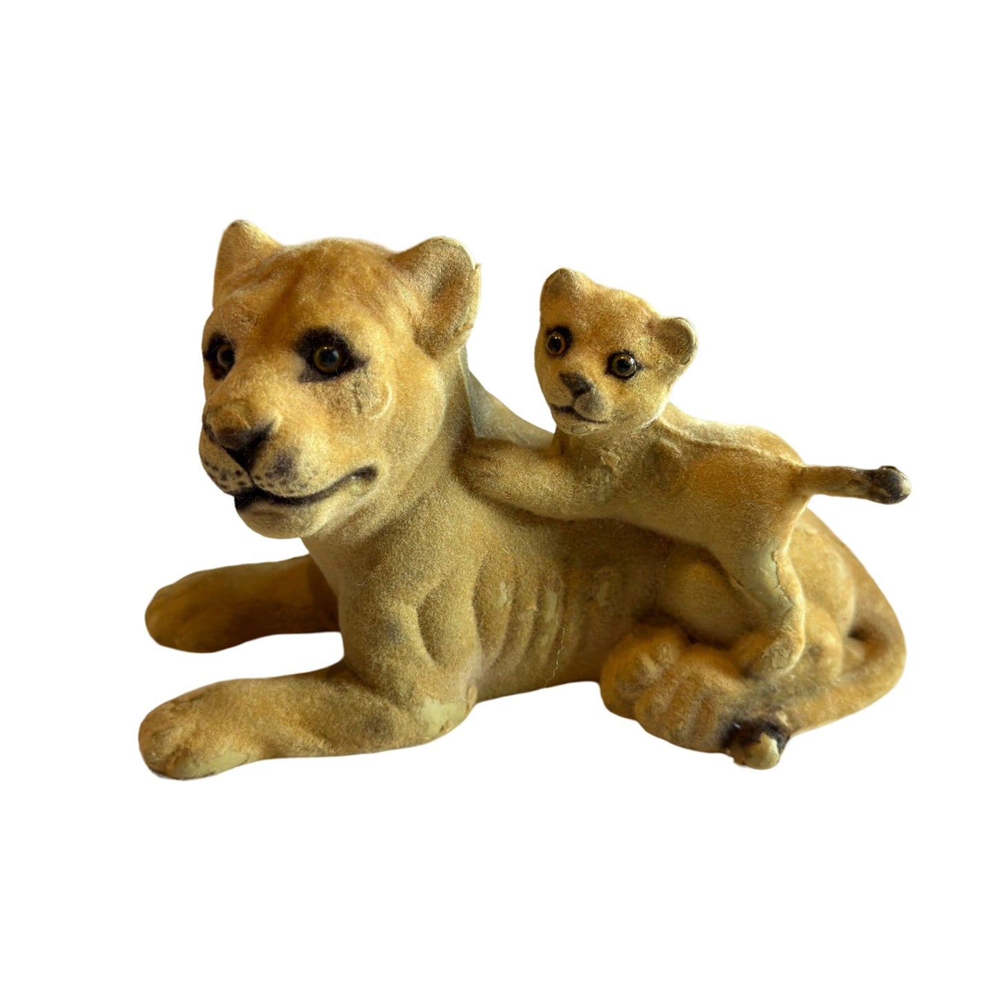 Vintage Flocked Lion & Baby Lion Cub Figurine Rare Collectible 4" x 5"Tall