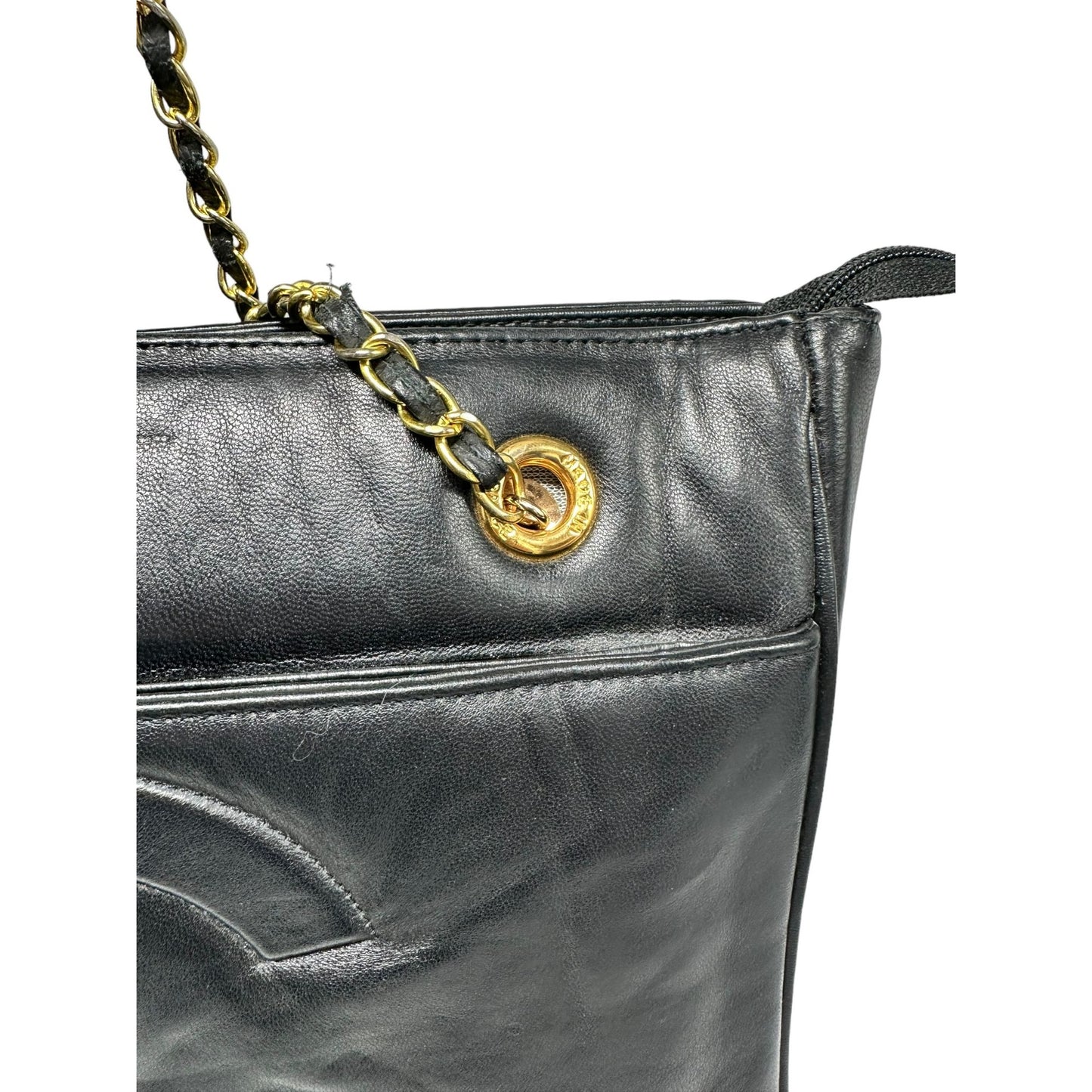 Chanel Womens Black Authentic Gold Chain Leather Shoulder Tote Bag