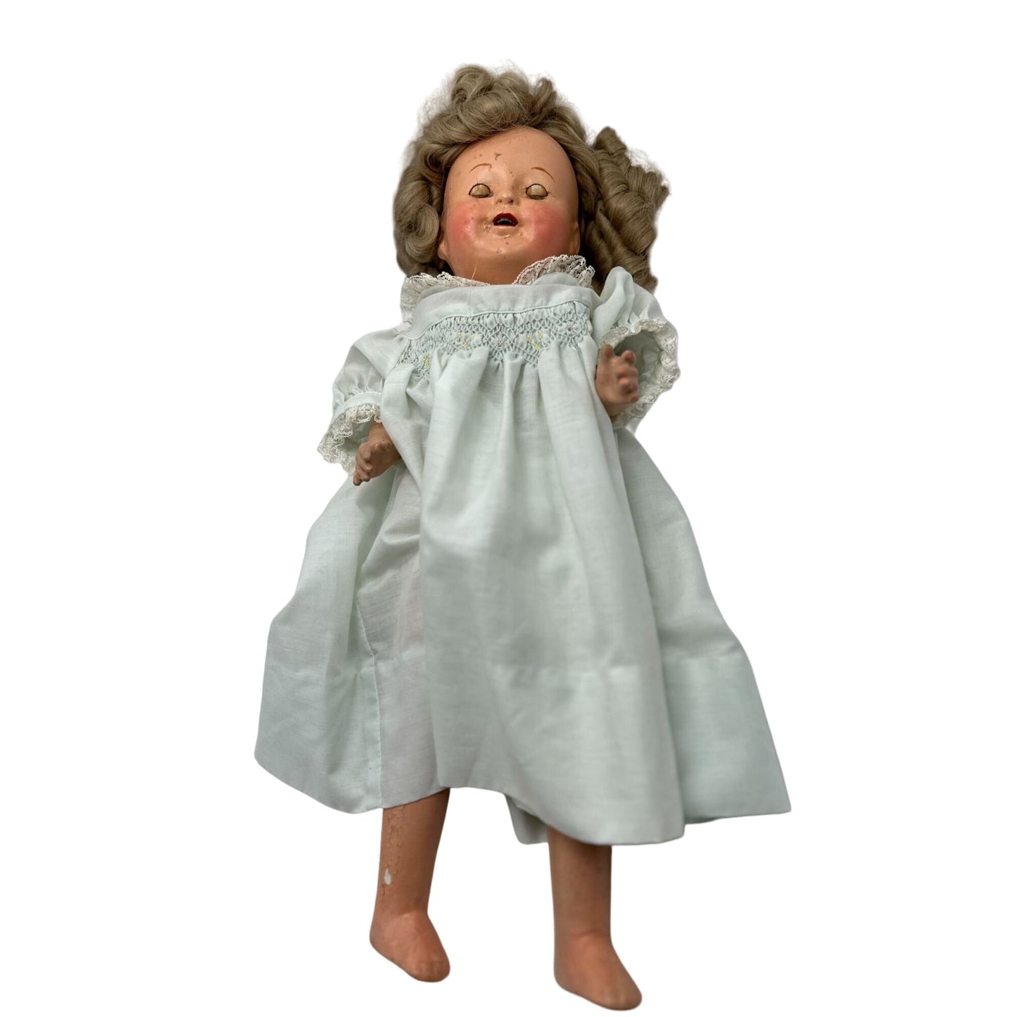 Antique Curly Hair Open/Shut Eyes Nightgown Porcelain Doll 19"