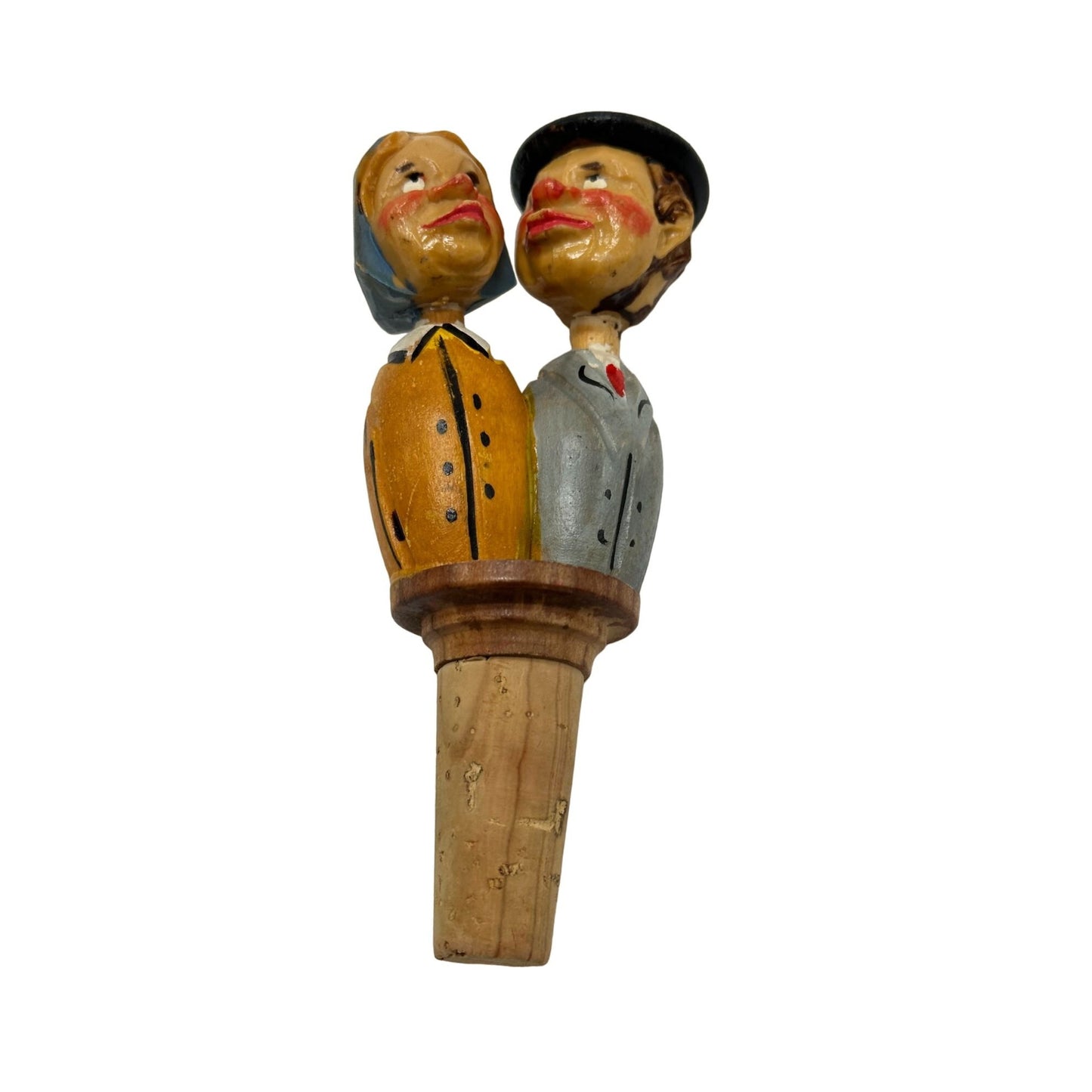 German Bottle Stopper Mechanical Kissing Couple Hand Carved Painted Wood