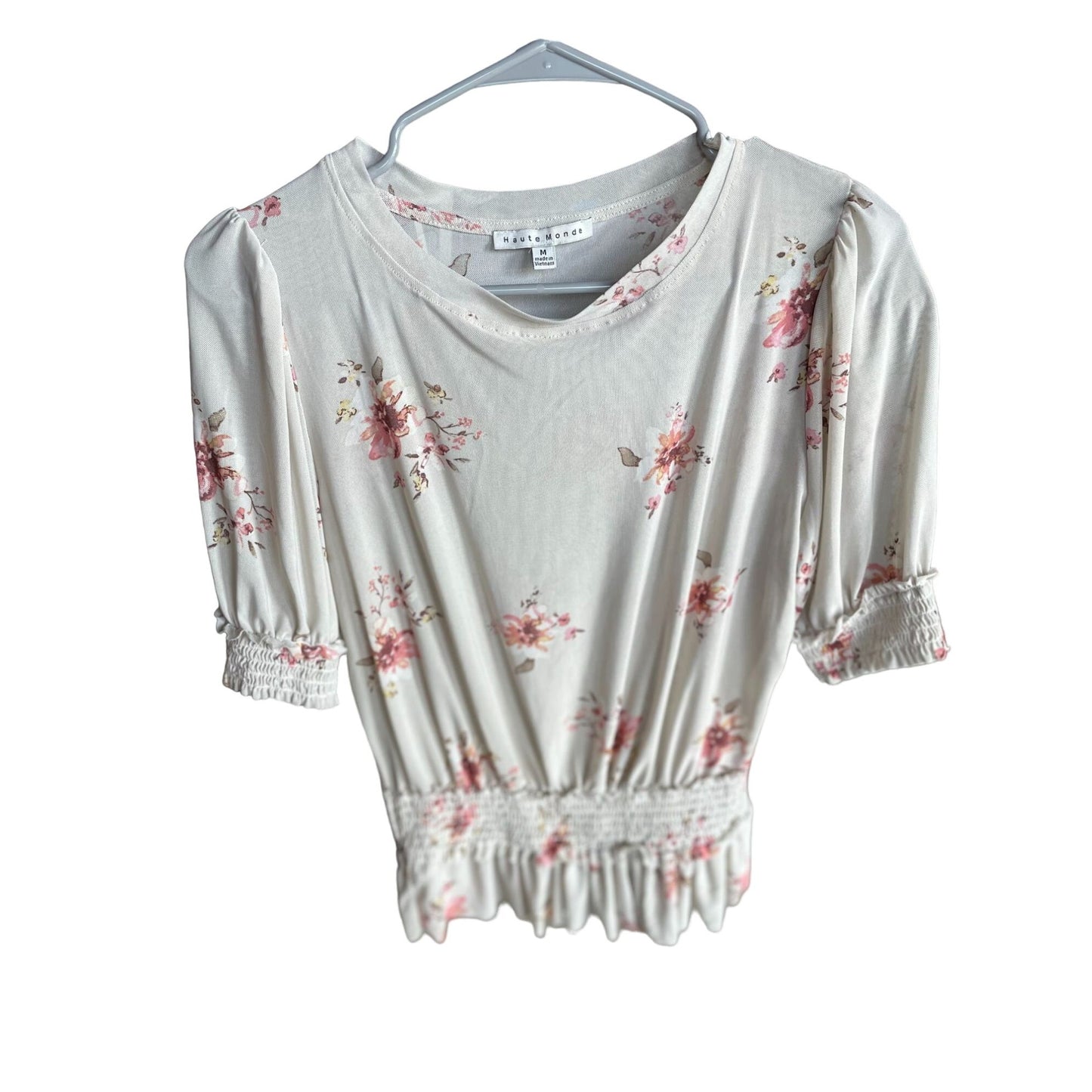 Haute Monde Womens Stretchy Translucent Ruffle Blouse Beige Floral Size Medium