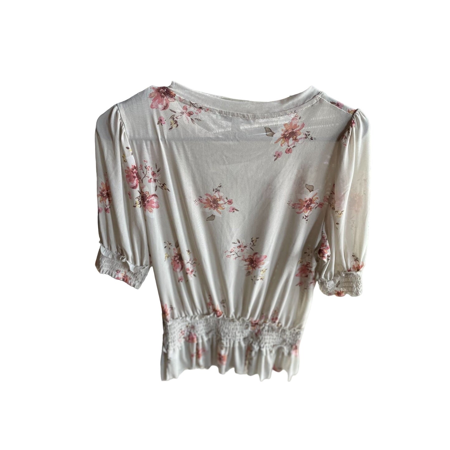 Haute Monde Womens Stretchy Translucent Ruffle Blouse Beige Floral Size Medium