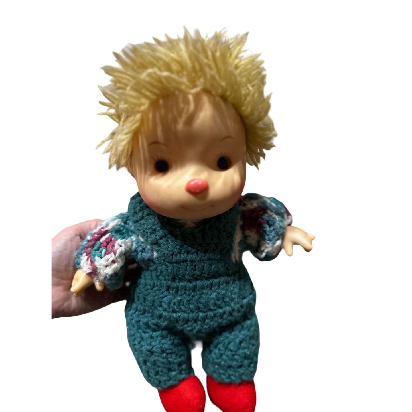 Vintage Red Nose Blonde Hair Kompy Kid Girl Doll Handmade Crochet Suit