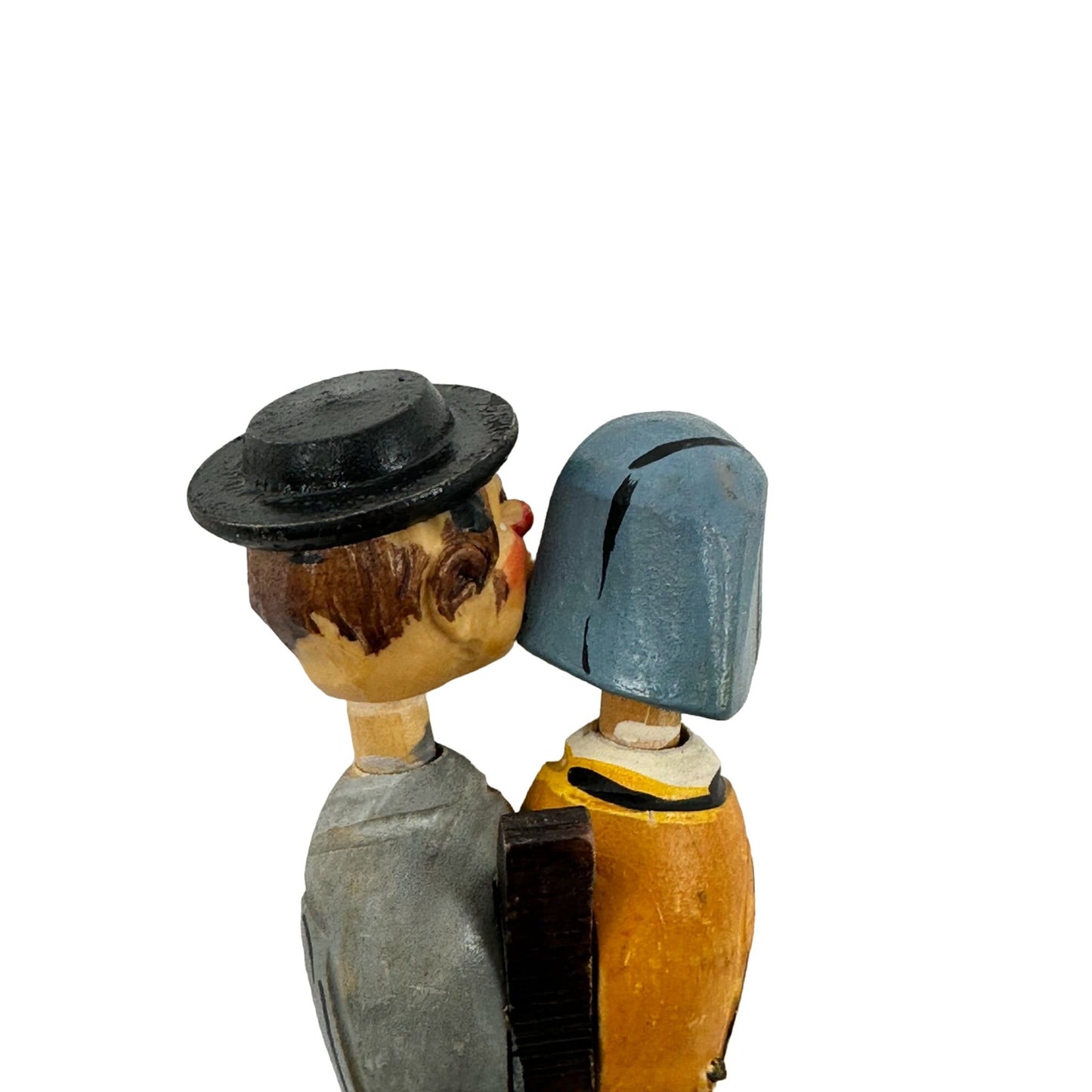 German Bottle Stopper Mechanical Kissing Couple Hand Carved Painted Wood