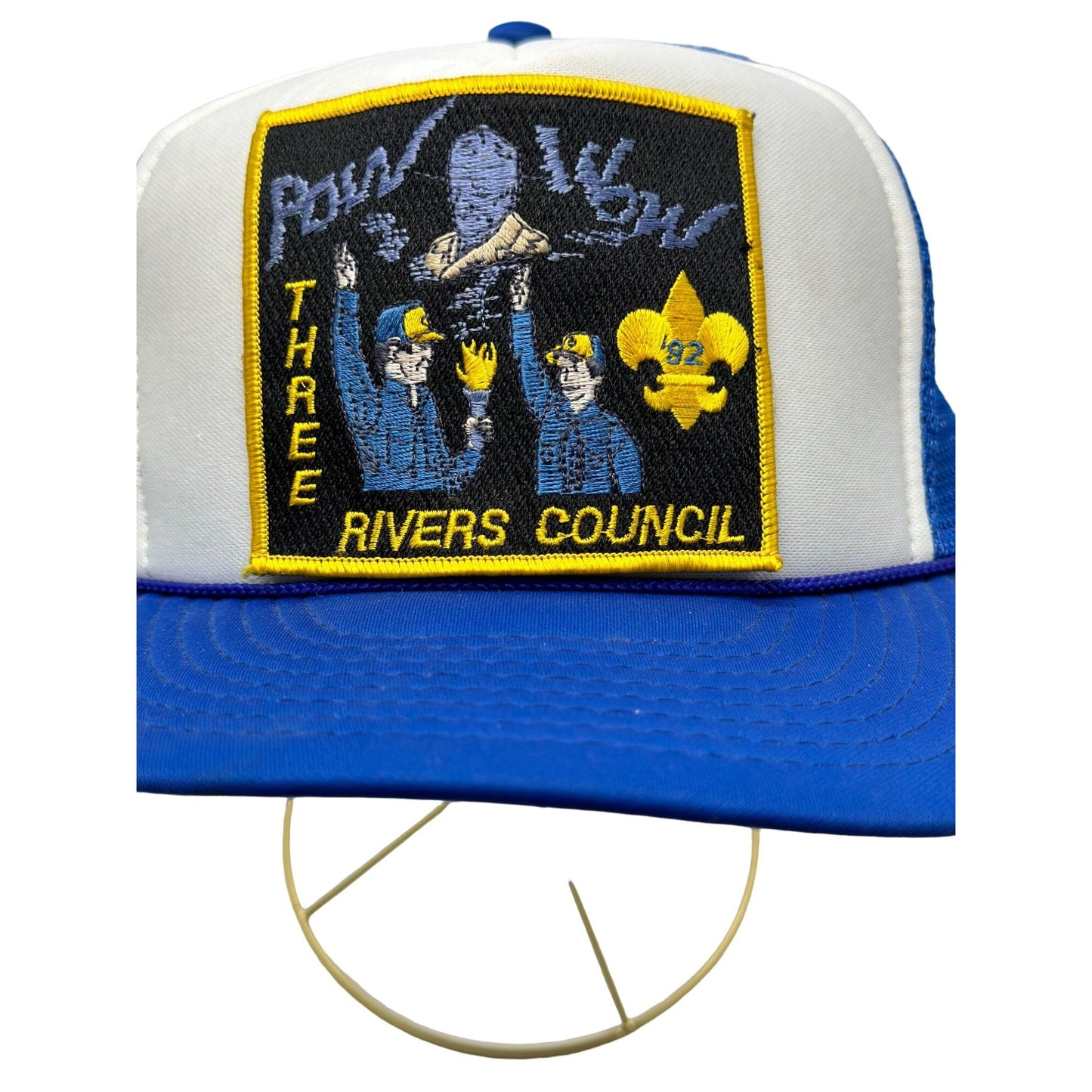 Vintage Blue Trucker Hat Cap Embroidered Pow Wow Three Rivers Council 1982